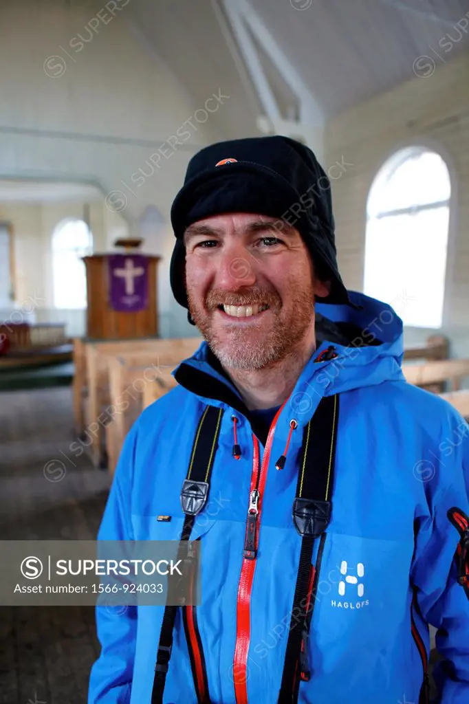 Portrait of Richard Spillet, mountaineer of the Nordenskjold summit (2354 m.), Grytviken, South Georgia island, South Georgia Islands, Antarctica