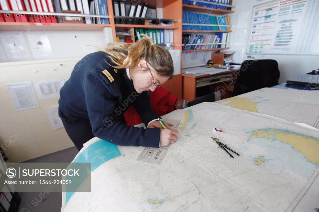 Female officer at work in the bridge, Le Boréal cruise ship under Captain Etienne Garcia authority, Antarctica