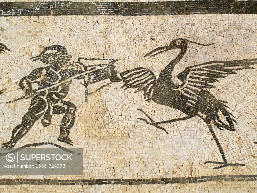 Roman mosaic of Neptune in Italica. Detail of fight between a pygmy and a crane. Seville province, Andalusia, Spain.