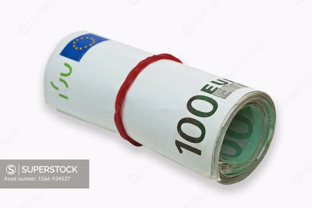 Many 100 Euro bills, rolled up and held together with a rubber On January 01st 2002 the Euro was introduced as cash