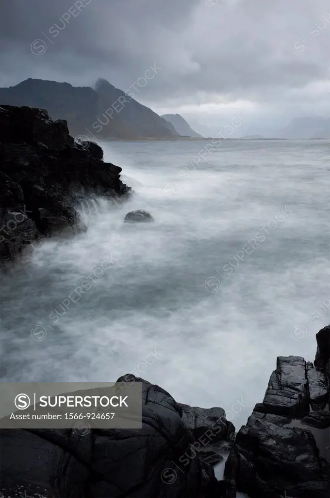 Stormy sea and rugged coastline, Lofoten islands, Norway