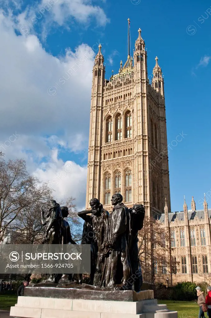 The Burghers of Calais by Auguste Rodin and Houses of Parliament, London, UK