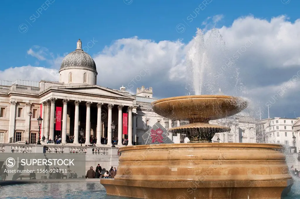 National Gallery and fountain on Trafalgar Square, London, UK