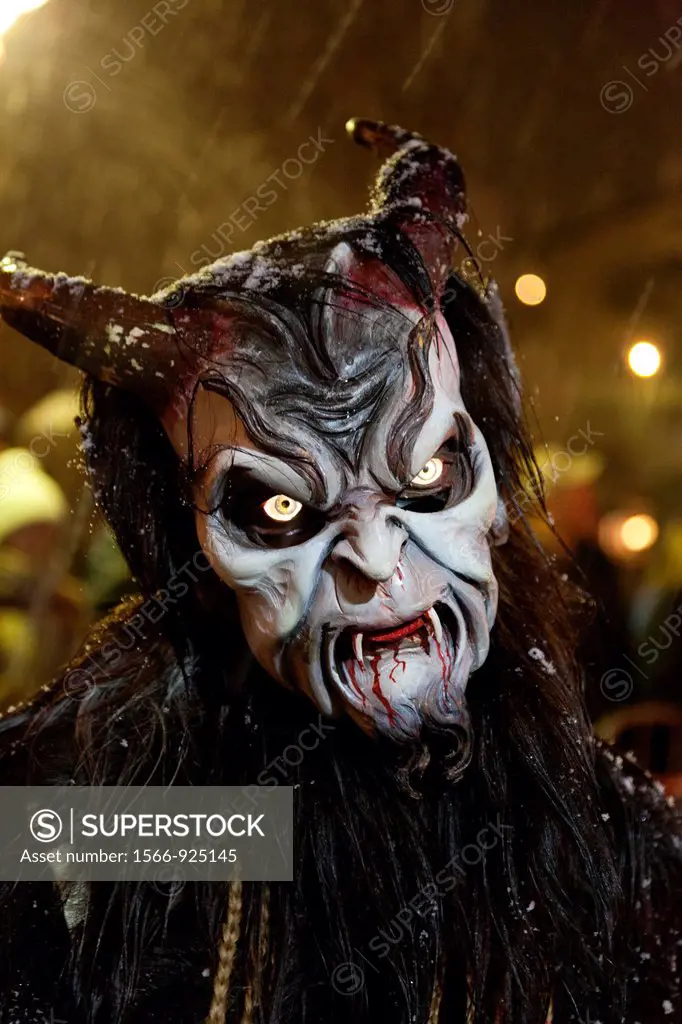 Krampus is a mythical creature recognized in Alpine countries, Campo Tures, South Tyrol, Bolzano, Italy, Europe