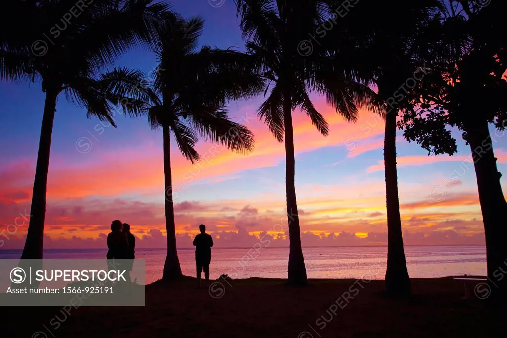 Sunset, palm trees, and tourists, Coral Coast, Viti Levu, Fiji, South Pacific