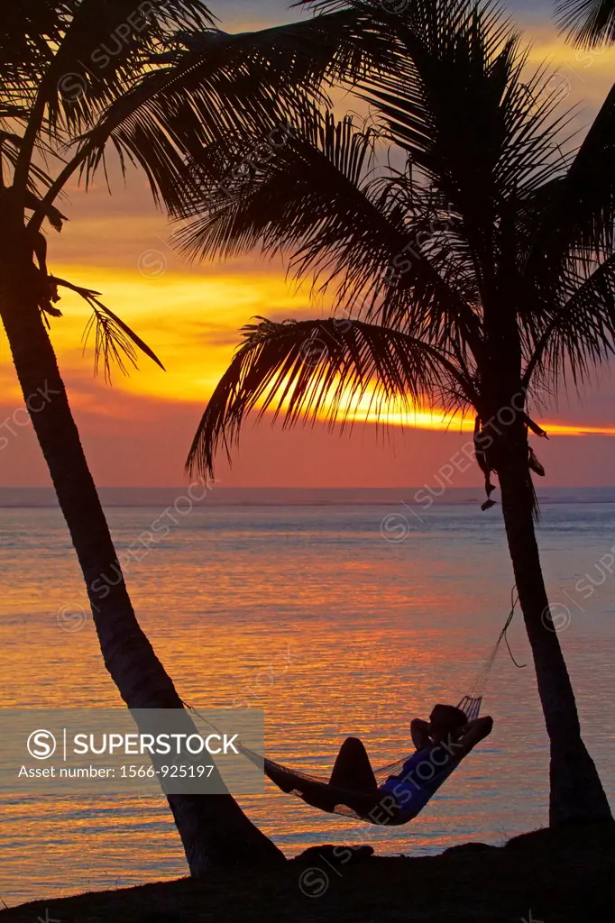 Woman in hammock, and palm trees at sunset, Coral Coast, Viti Levu, Fiji, South Pacific