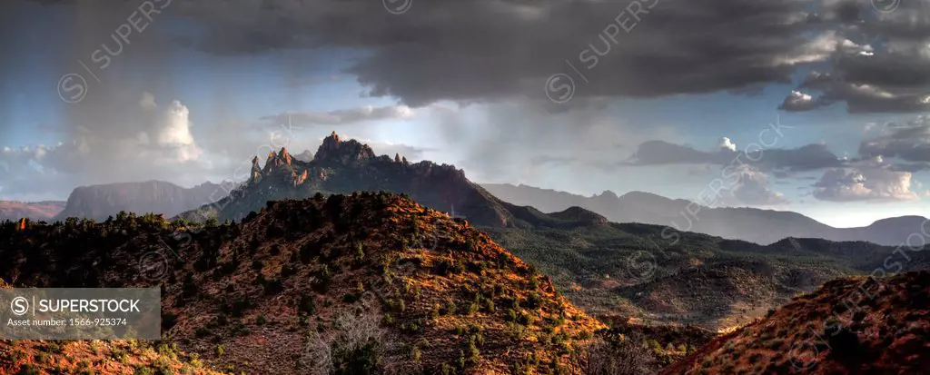 Panorama of Eagle Crags during an afternoon thunderstorm just outside of Zion National Park in Southern Utah