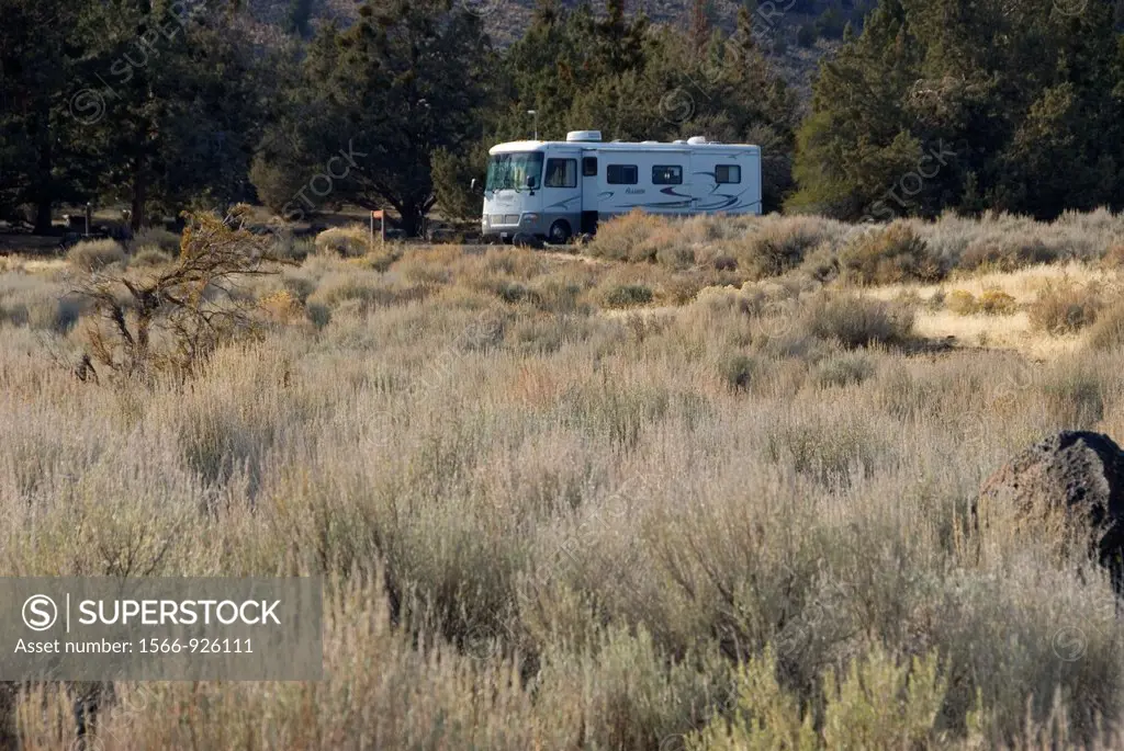 Motorhome in campground, Lava Beds National Monument, California
