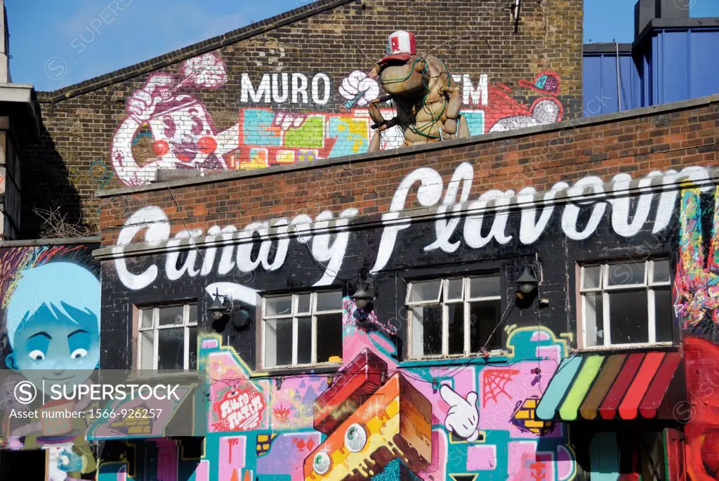 Mural paintings on the side of buildings, Great Eastern Street, London, England