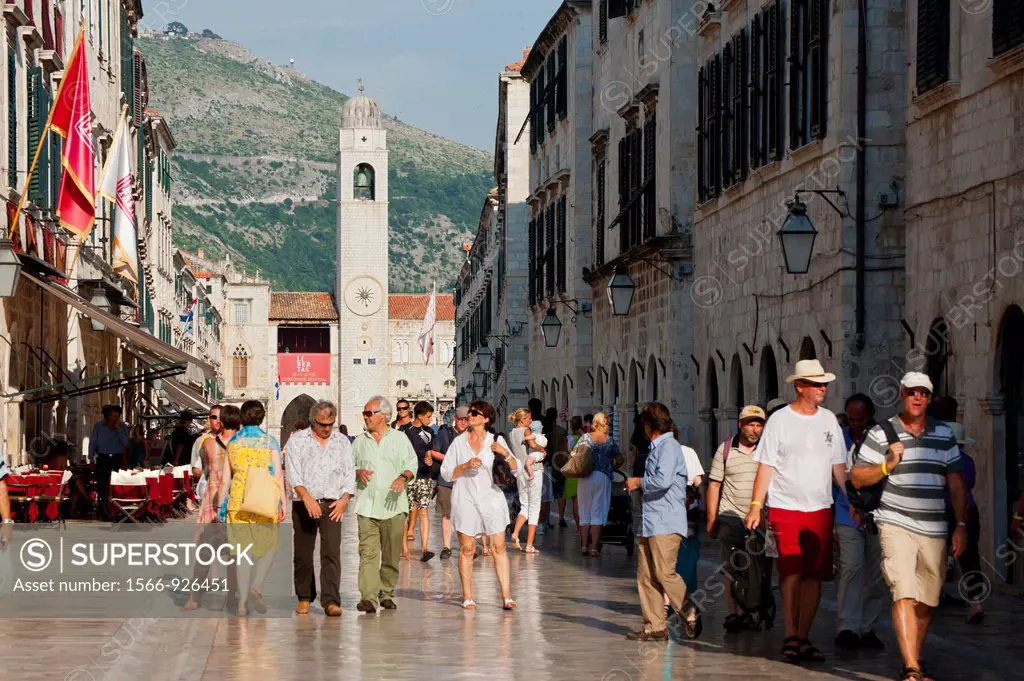 Main street Stadrun and Bell Tower in  Old Town, Dubrovnik  Croatia
