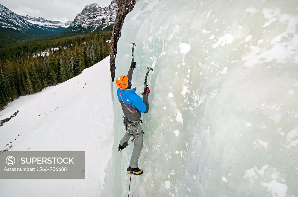 Ice climbing a route called The Fat One which is rated WI-3 and located at the Unnamed Wall in Hyalite Canyon near the city of Bozeman in southern Mon...