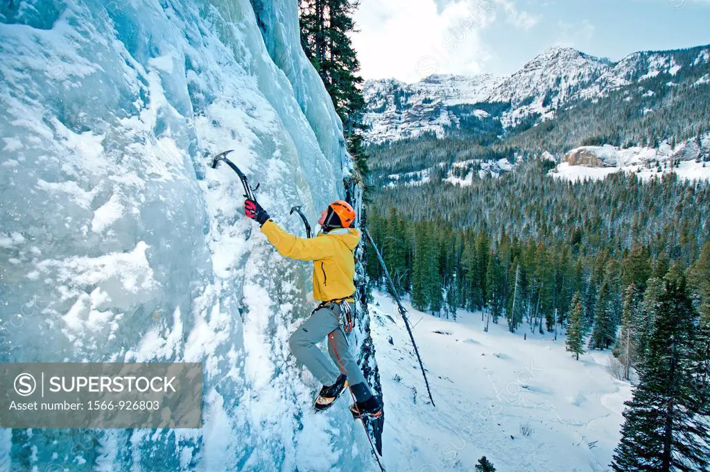 Ice climbing a route called Fat Chance which is rated WI-3 and located at the Mummy Cooler Area in Hyalite Canyon near the city of Bozeman in southern...