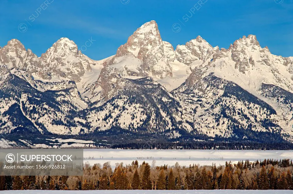 Tetons, morning light on The Grand Teton in winter at Grand Teton National Park in northern Wyoming