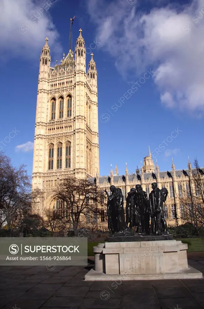 Victoria Tower and Burghers of Calais Statue Westminster London