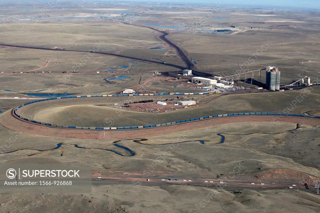 Gillette, Wyoming - An aerial view of a coal train loading facility at a surface coal mine in Wyoming´s Powder River Basin  The Powder River Basin is ...