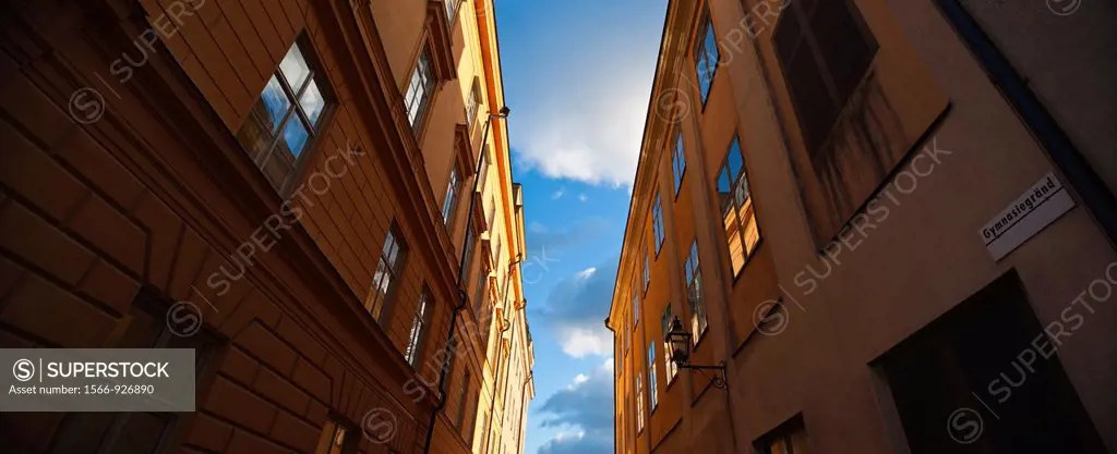 View of sky between buildings, Stockholm, Sweden