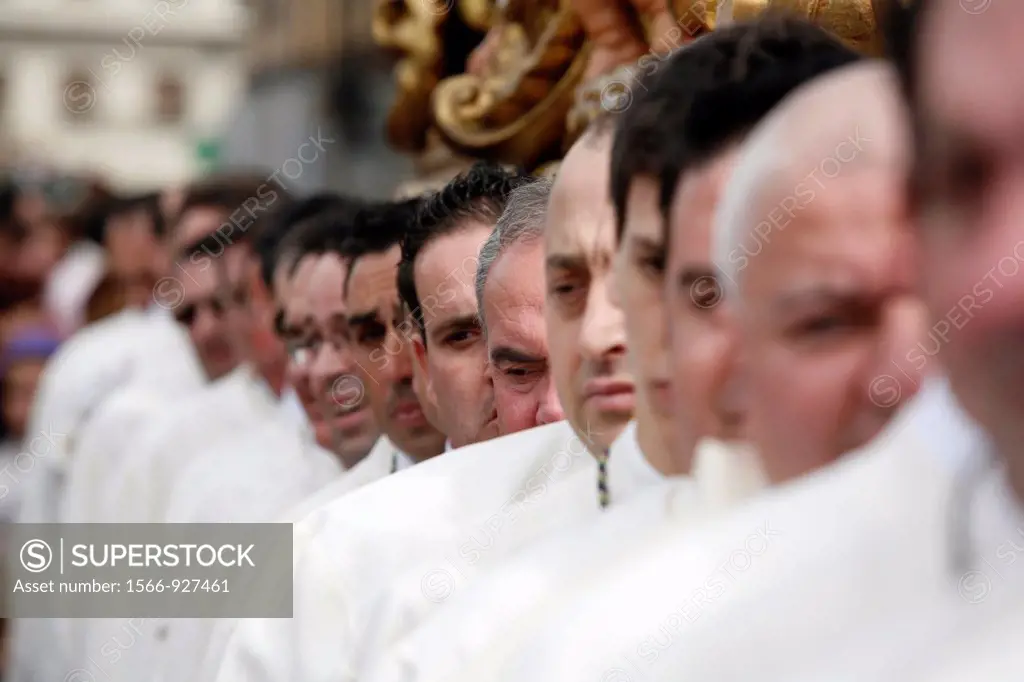 Holy Week Malaga  Men of ´Trono´ of the Brotherhood of ´The Pollinica´  Malaga  Andalusia  Spain  Europe