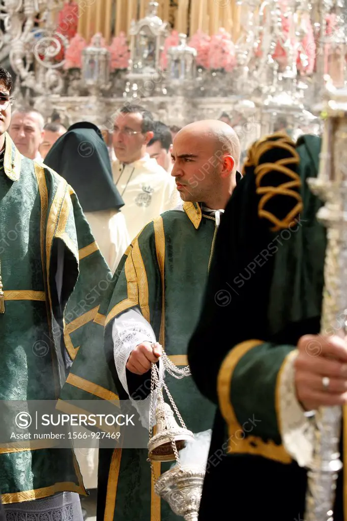 Holy Week Malaga  Ambient before the ´throne´ of the Virgin  Brotherhood of ´Tears and Favors´ Merged  Malaga  Andalusia  Spain  Europe