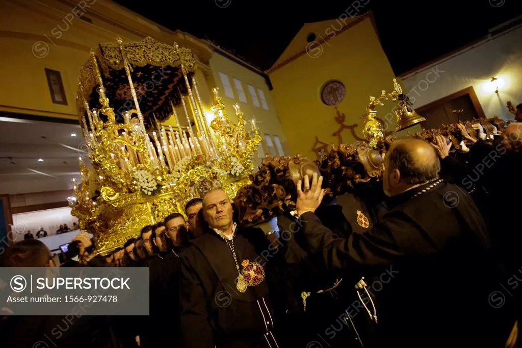 Holy Week Malaga  Brotherhood of ´Mena´  ´Trono´ of the Virgin of Our Lady of Solitude, the Brotherhood house, next to the church of Santo Domingo  Ma...