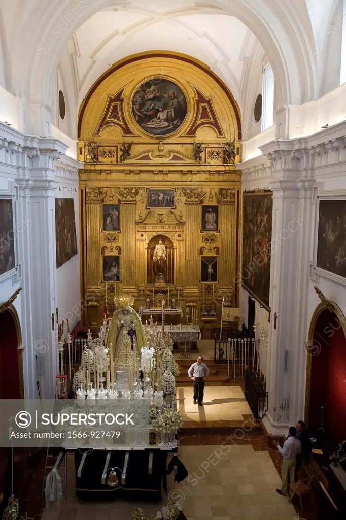 Holy Week Malaga  Church of St  Julian, preparation of a procession of images of the Brotherhood of Sorrows  Our Lady of Sorrows  Malaga  Andalusia  S...