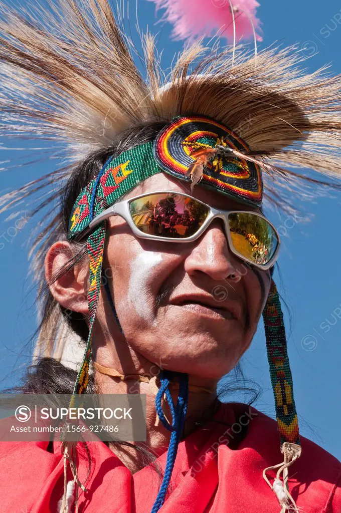 Elder in traditional regalia, Stony Nakoda First Nations, Bar U Ranch, Alberta, Canada