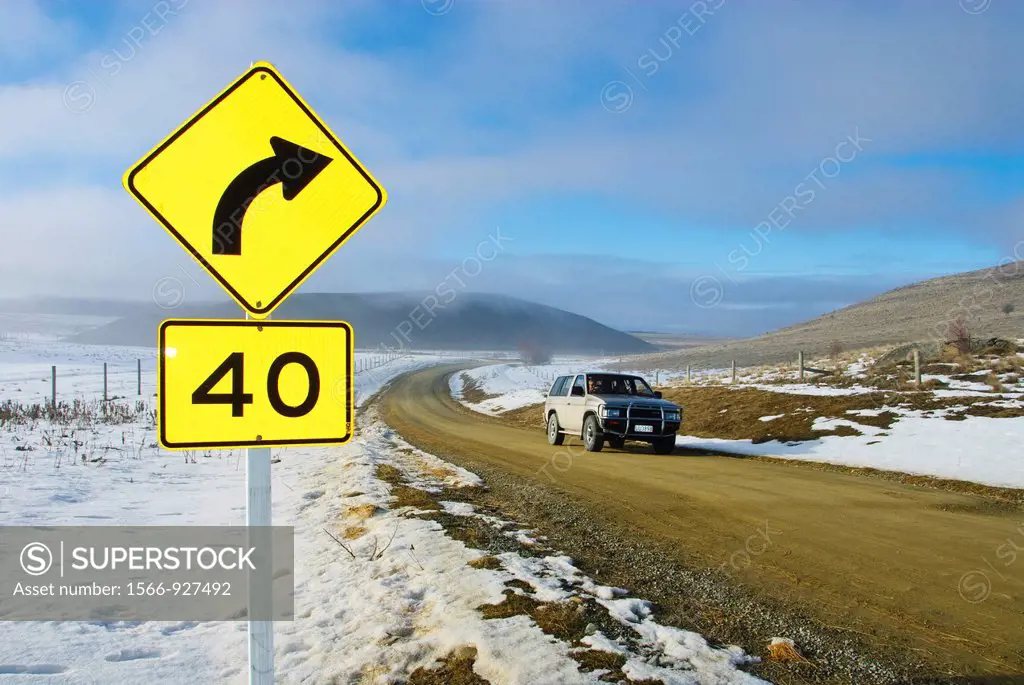 40km/hr road sign on Braemar Rd, near lake Tekapo, Mackenzie Basin