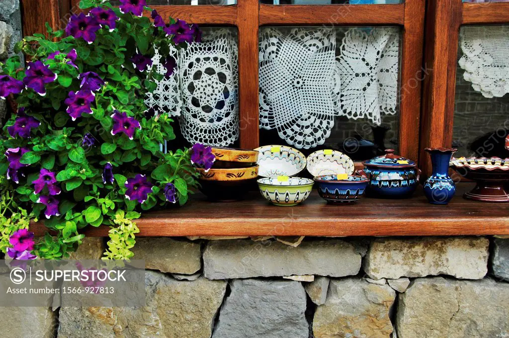 Bulgaria, Arbanasi, Lace and Ceramics in a shop window