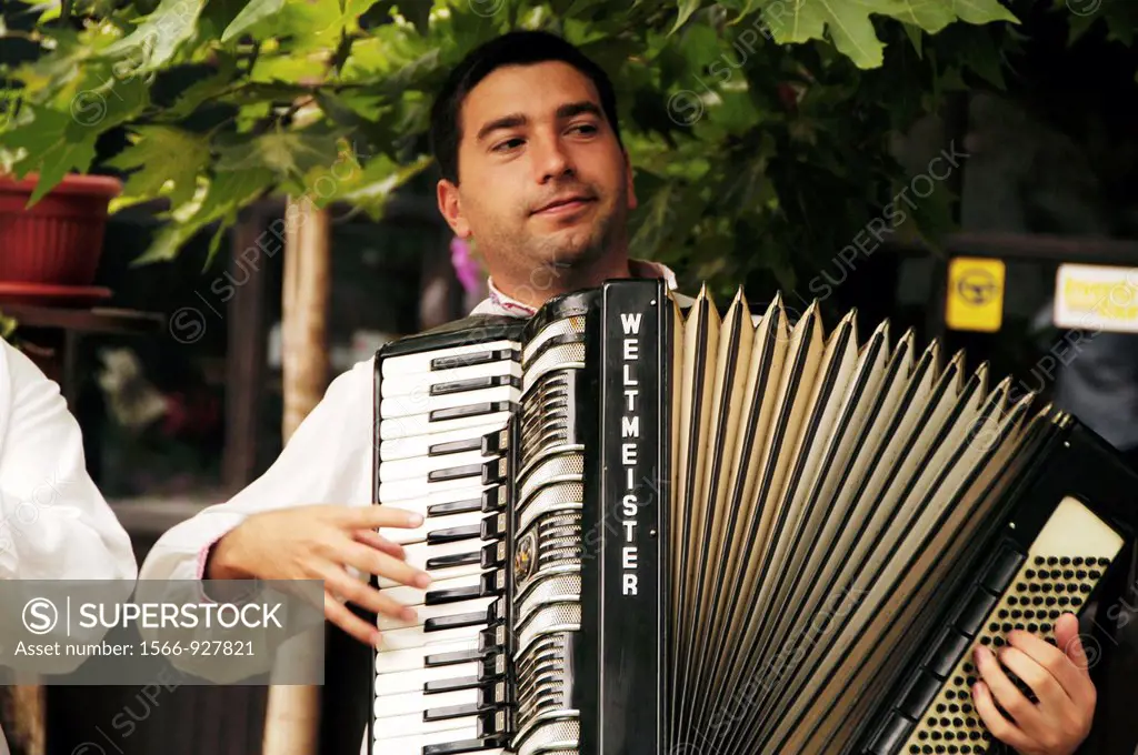 Bulgaria, Arbanasi, Accordian player for a folk dance group