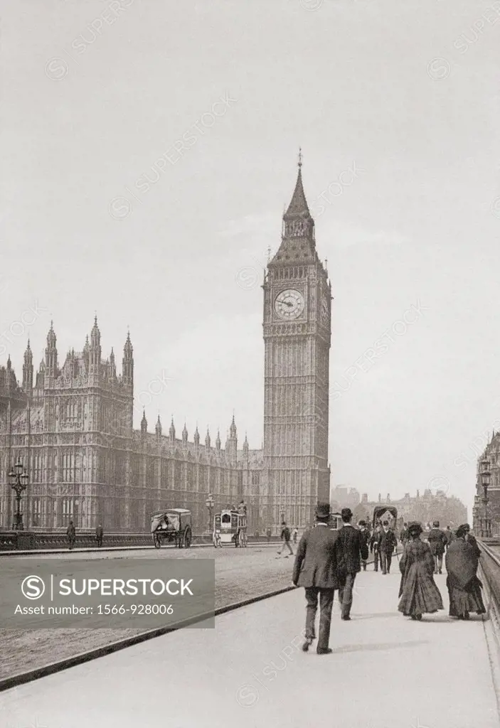 The Palace of Westminster, aka the Houses of Parliament or Westminster Palace, London, England in the late 19th century  From London, Historic and Soc...