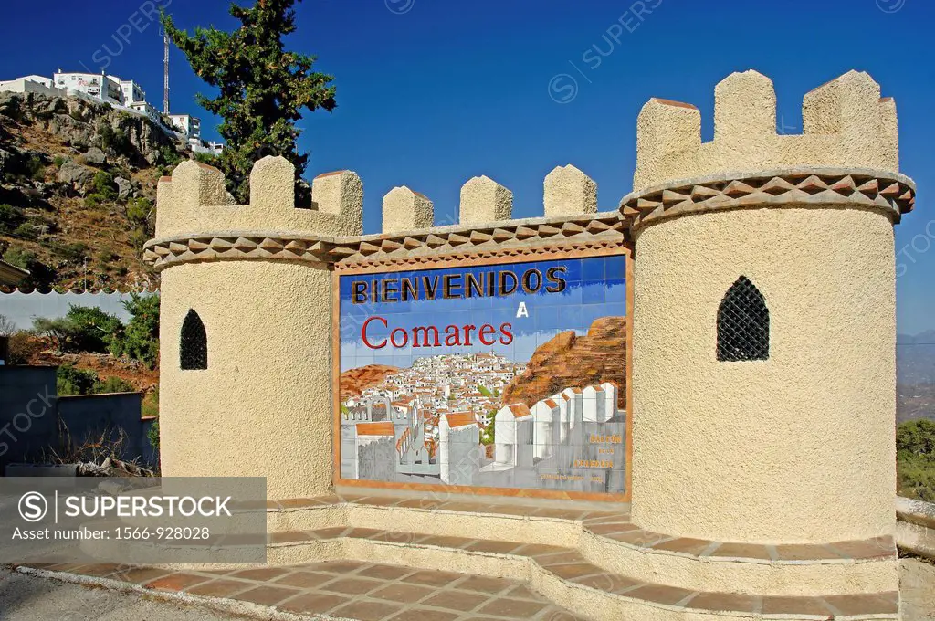 Welcome sign, Comares, Malaga-province, Spain,