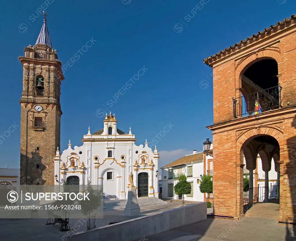 Church and town hall square, Bollullos par del Condado, Huelva-province, Spain,