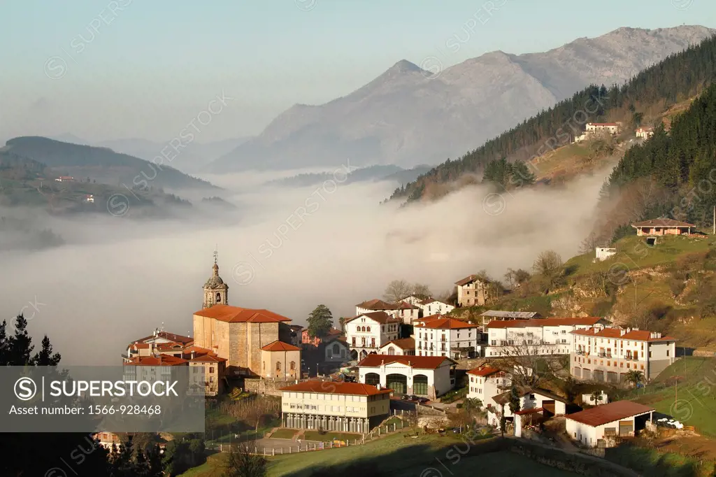 Panoramic view on a foggy morning in Regil, Guipuzcoa, Basque Country, Spain.