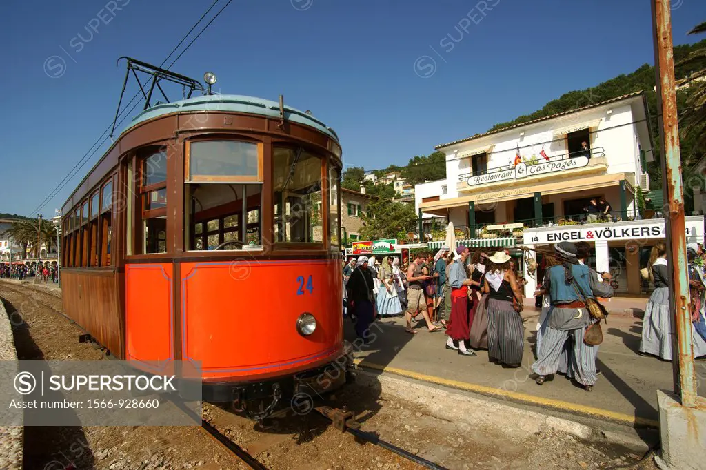 tram of port.Moors and Christians, Christian commemoration of the victory over the Turks in 1561. It Firó, Soller, Majorca, Balearic Islands, Spain