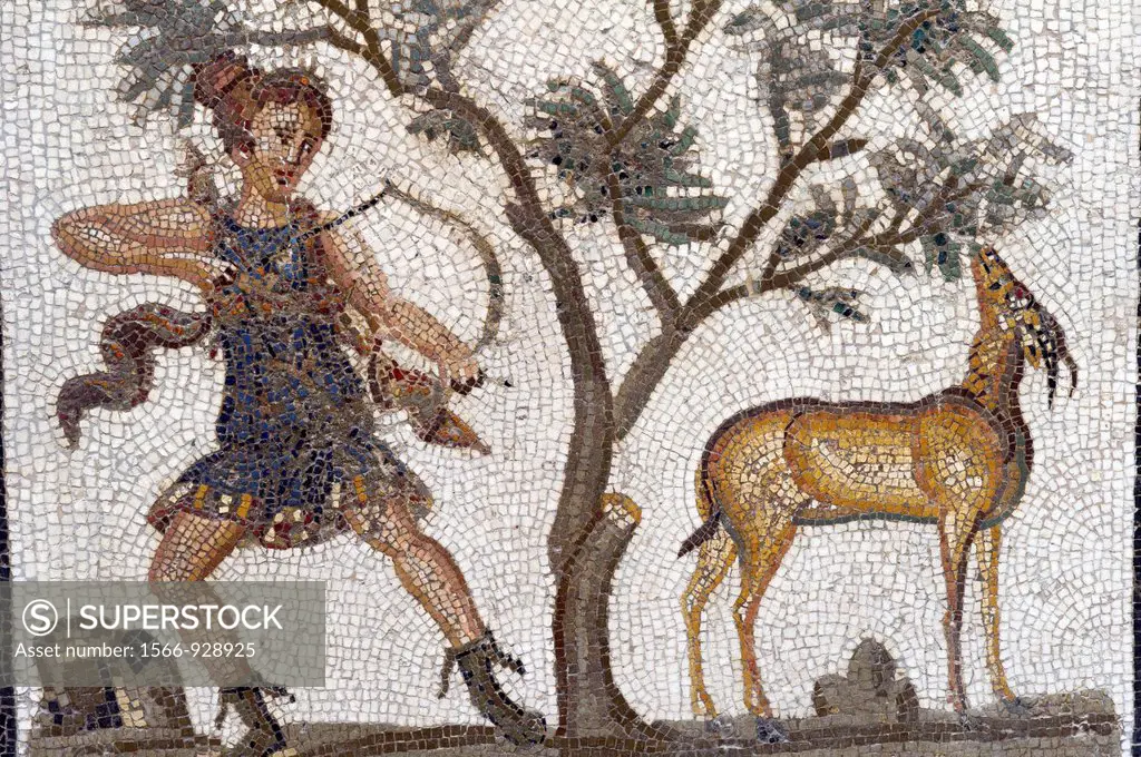 North Africa, Tunisia, Tunis. The Bardo Museum. Roman fresco mosaic. Diana the Huntress, doe.