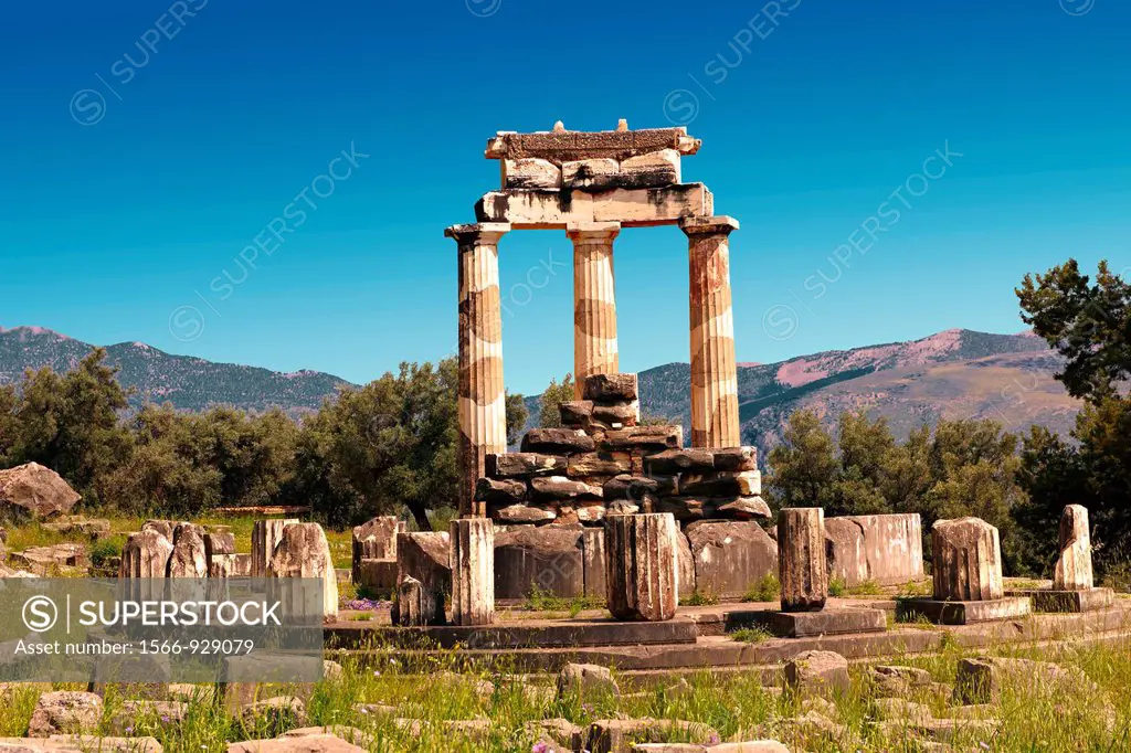 The Tholos at the sanctuary of Athena Pronaia, a circular building with Doric columns that was constructed between 380 and 360 BC  Delphi, archaeologi...