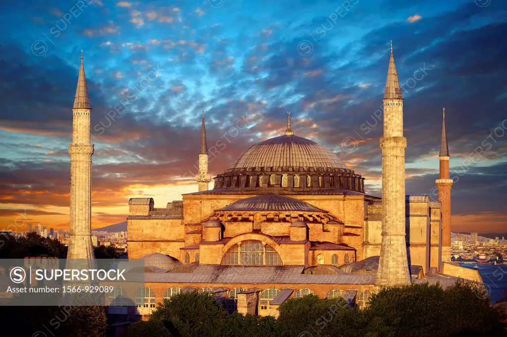 The exterior of the 6th century Byzantine Eastern Roman Hagia Sophia  Ayasofya  at sunset, built by Emperor Justinian  The size of the dome was un-sur...