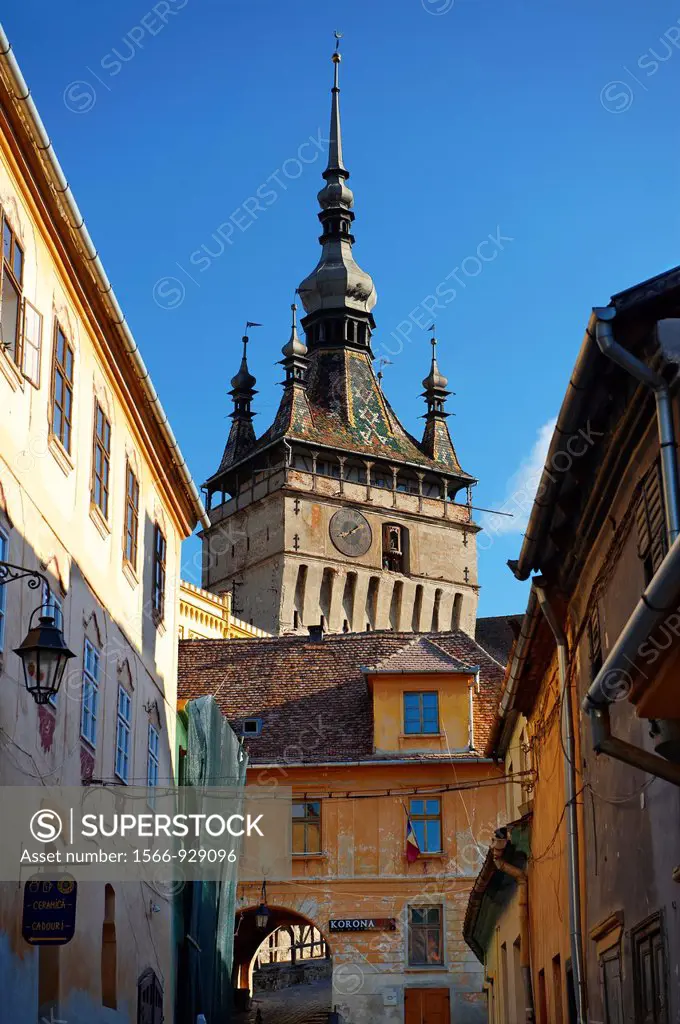 Medieval clock tower & gate of Sighisoara Saxon fortified medieval citadel, Transylvania, Romania