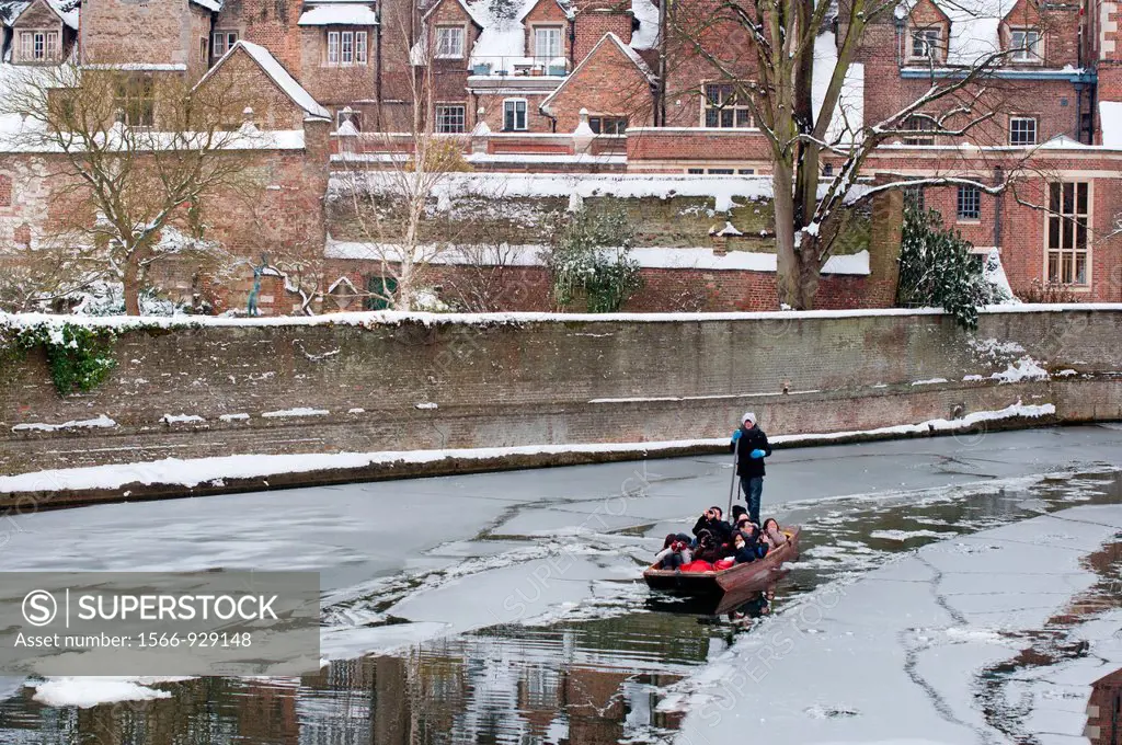 Punting on an icy river Cam  Cambridge  England