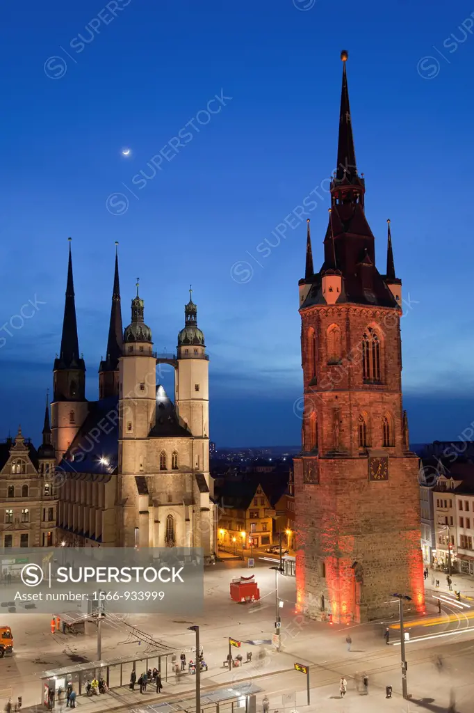 Marienkirche (St. Mary´s Church) and Red Tower, illuminated at night, Halle, Germany