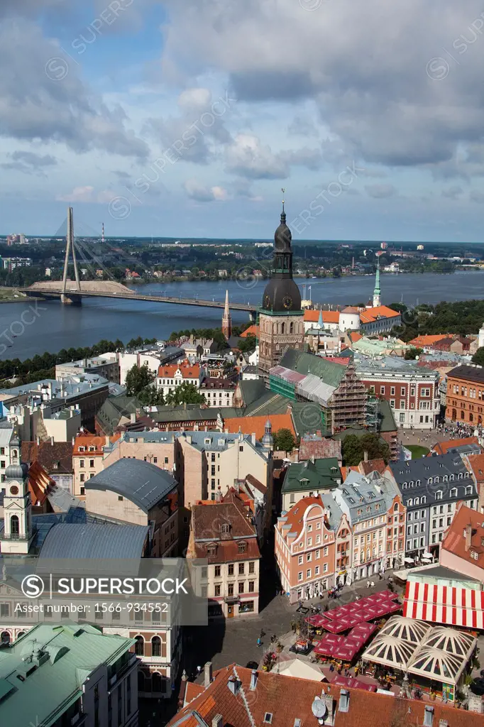 Latvia, Riga, Old Town, Rigas Doms (Riga Cathedral); Vansu Bridge in background
