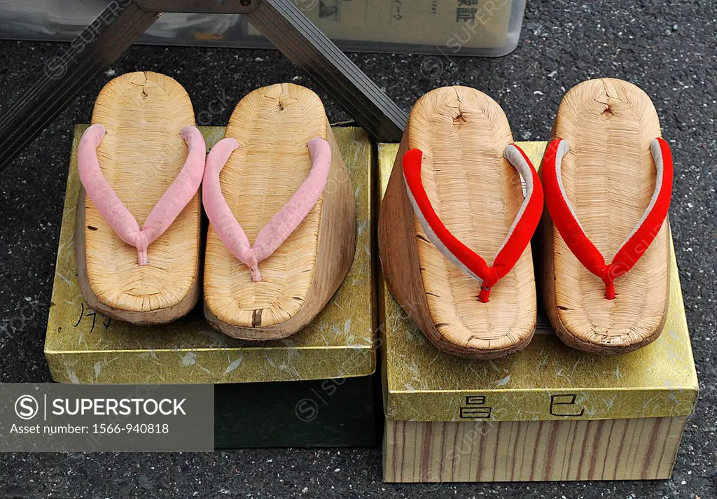 Kyoto (Japan): geta (traditional Japanese footwear that resemble both clogs and flip-flops) sold at the Tenjin flea market, by the Kitano Tenmangu shr...