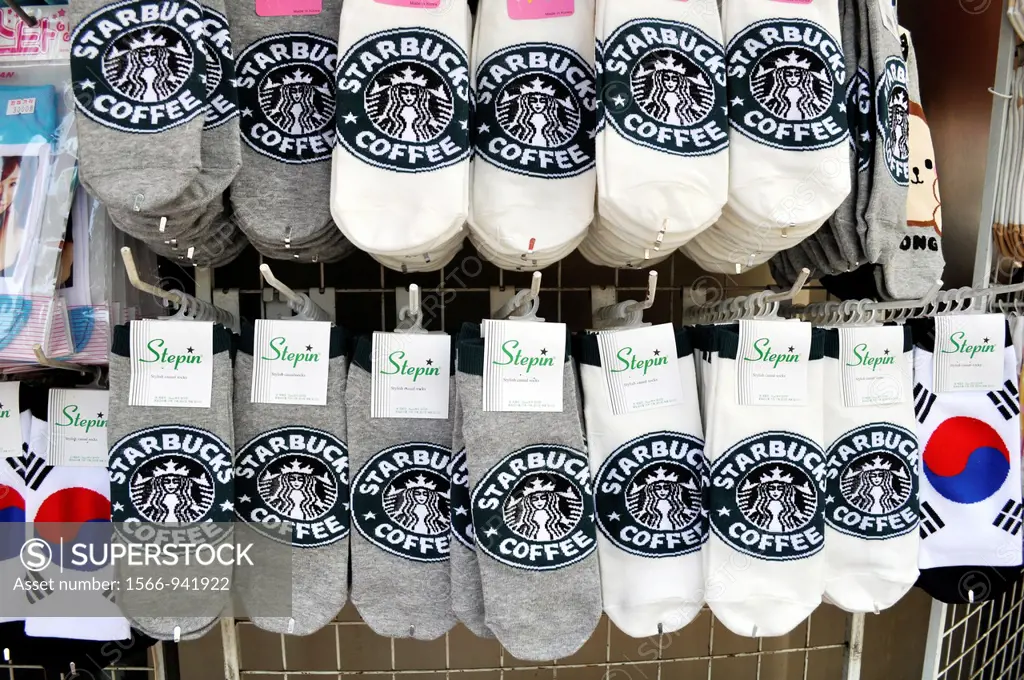Seoul (South Korea): Starbucks and Korean flag socks sold in Insadong