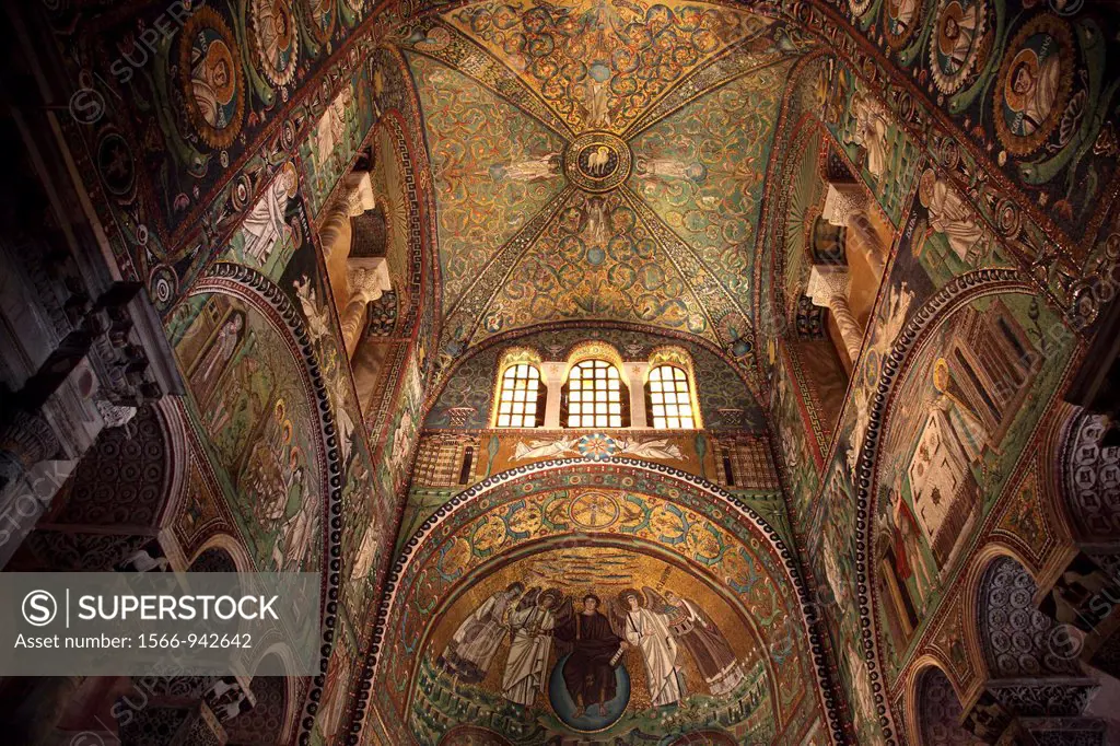 Mosaics on the wall and domed roof of Basilica di San Vitale in Ravenna, Emilia-Romagna, Italy