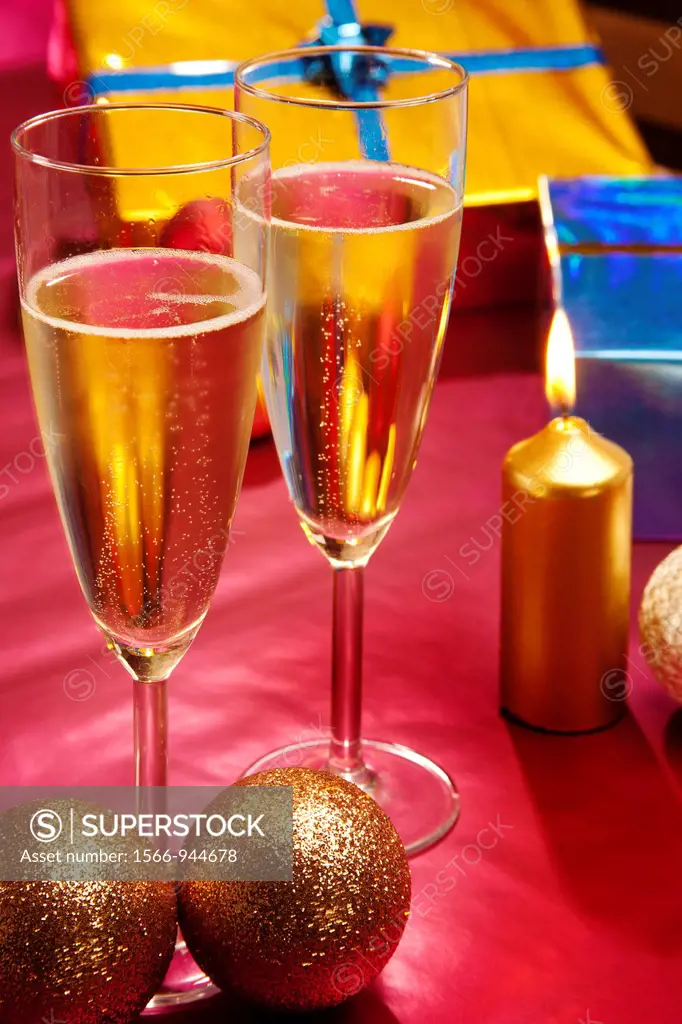 Champagne glasses and Christmas gifts