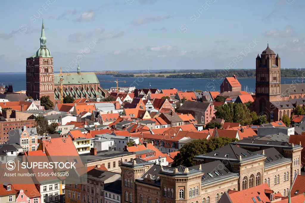 view over the historic centre of Stralsund with Saint James´s Church, St  Nicolas´s church and Ruegen island, Hanseatic City of Stralsund, Mecklenburg...