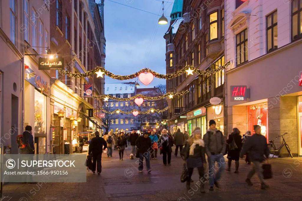 Christmas urban scene in Stroget Street, Copenhague