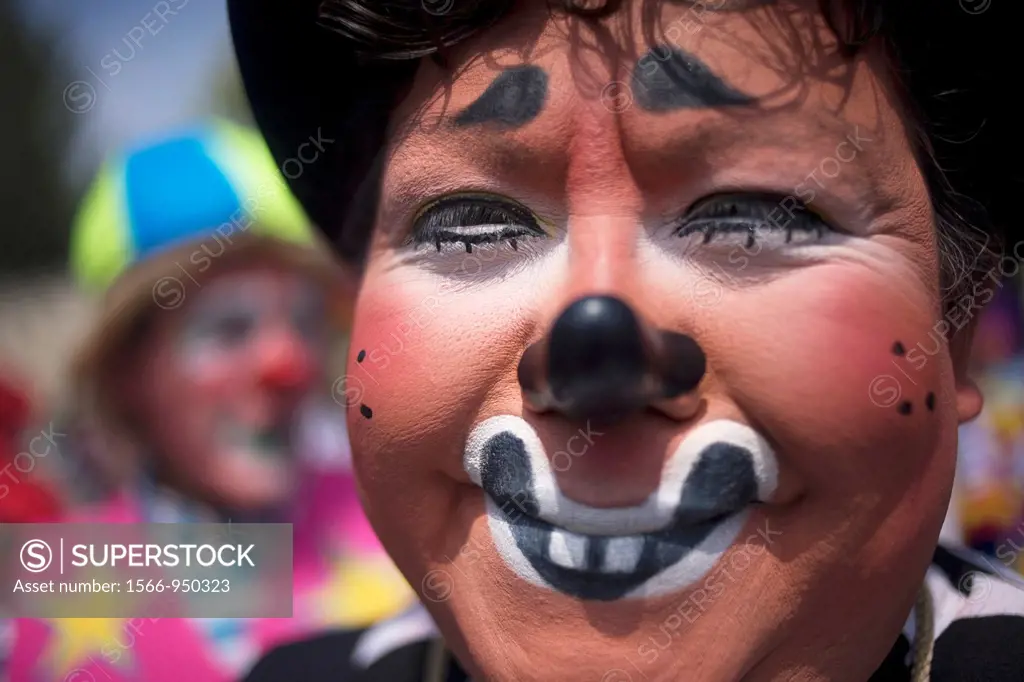 A clown smiles during the 16th International Clown Convention: The Laughter Fair organized by the Latino Clown Brotherhood, in Mexico City, October 17...
