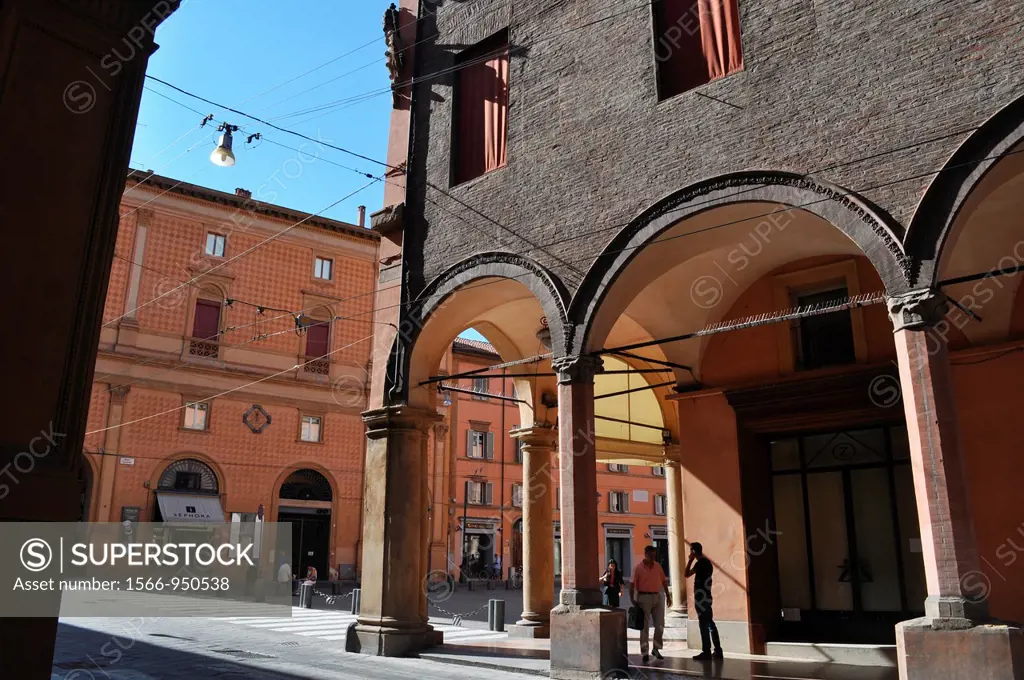 Bologna (Italy): the corner of via Farini with piazza Galvani, by Caffè Zanarini