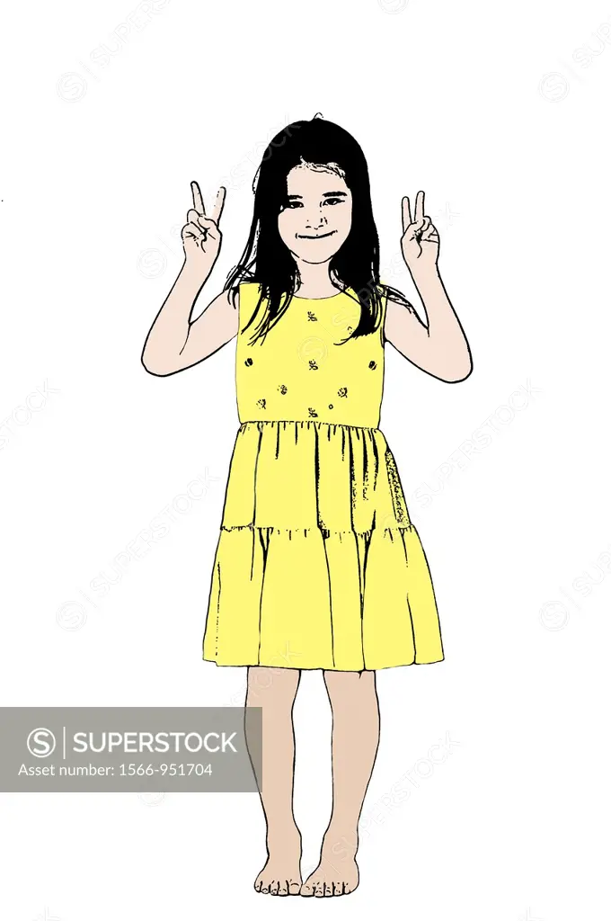 barefoot baby girl girl in yellow dress with hands up in victory