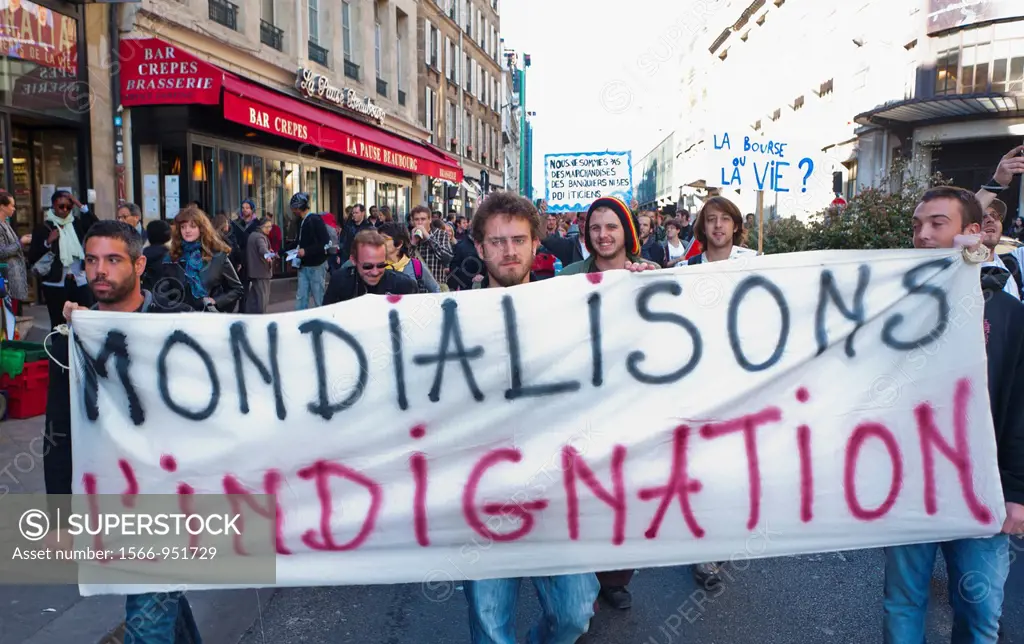 Paris, France, Occupy France, Indignants, Demonstration, Against Corporate Greed and Government Corruption, French Young People Marching with Banner P...